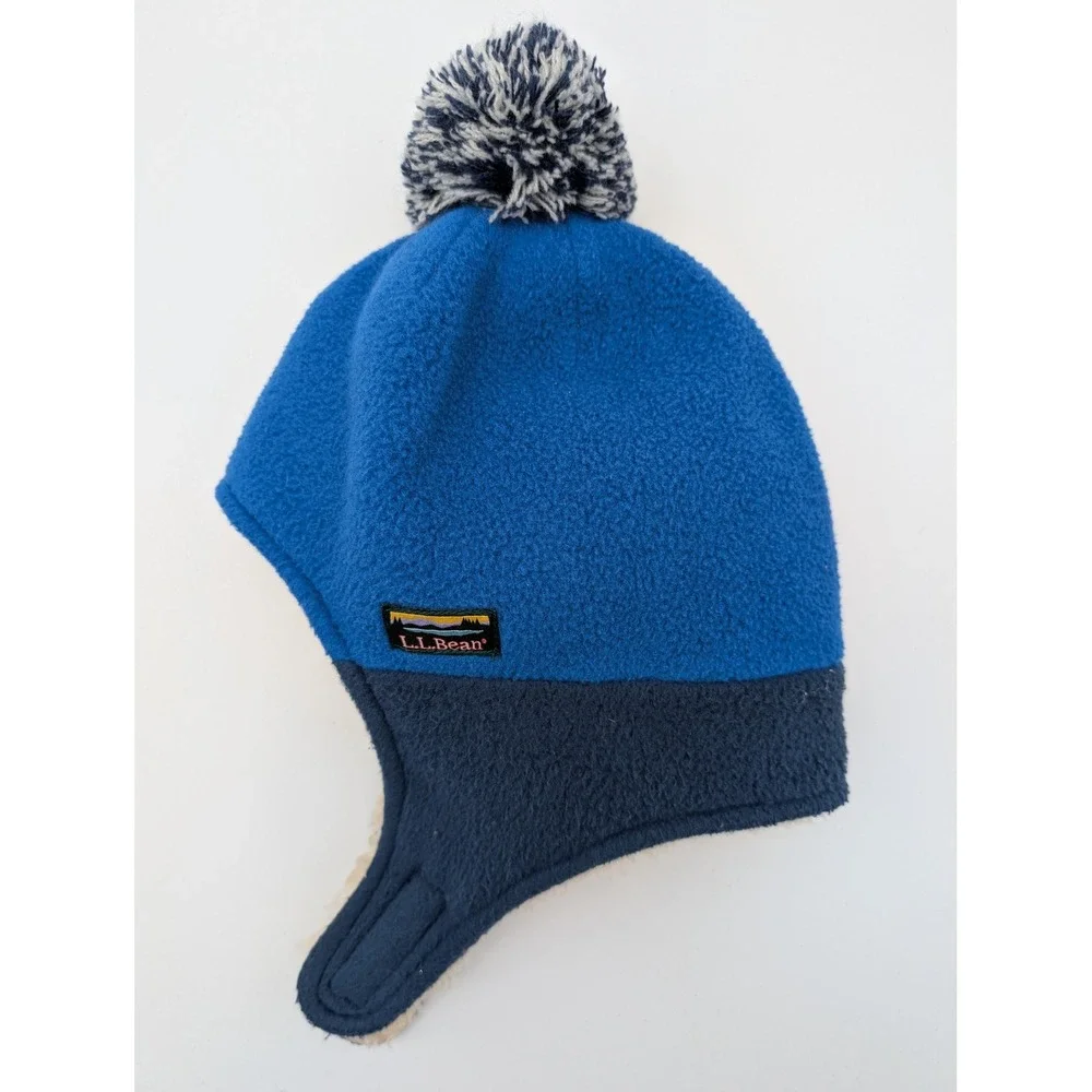 LL Bean Toddler Fleece Trapper Hat Blue Navy Faux Fur Pom Beanie 2T-4T 510826
